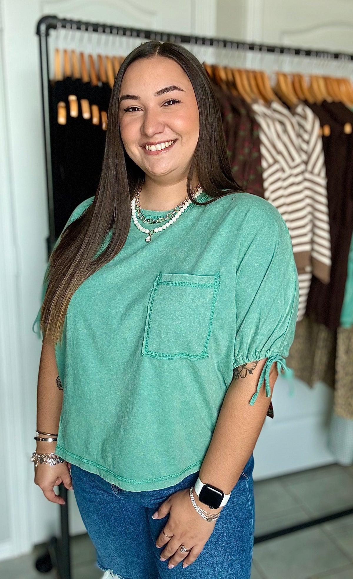 Tie Sleeve Pocket Tee - Sage